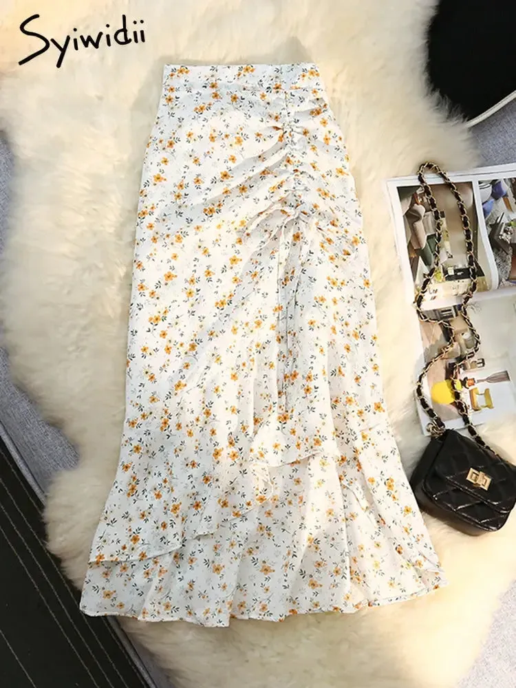 Floral Chiffon Midi Skirts for Women