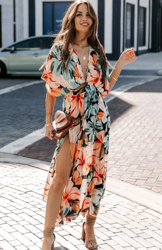 Floral Print Kimono Dress with High Slit and Wrap Design