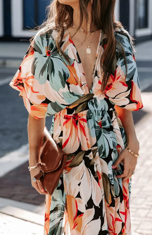 Floral Print Kimono Dress with High Slit and Wrap Design