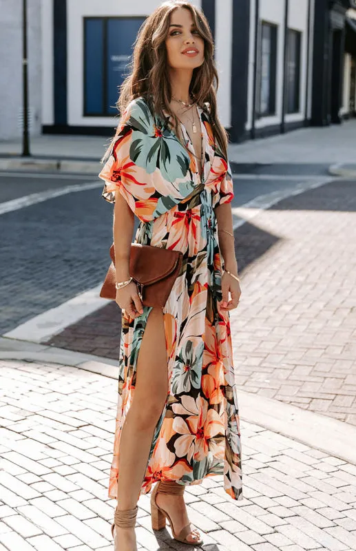 Floral Print Kimono Dress with High Slit and Wrap Design