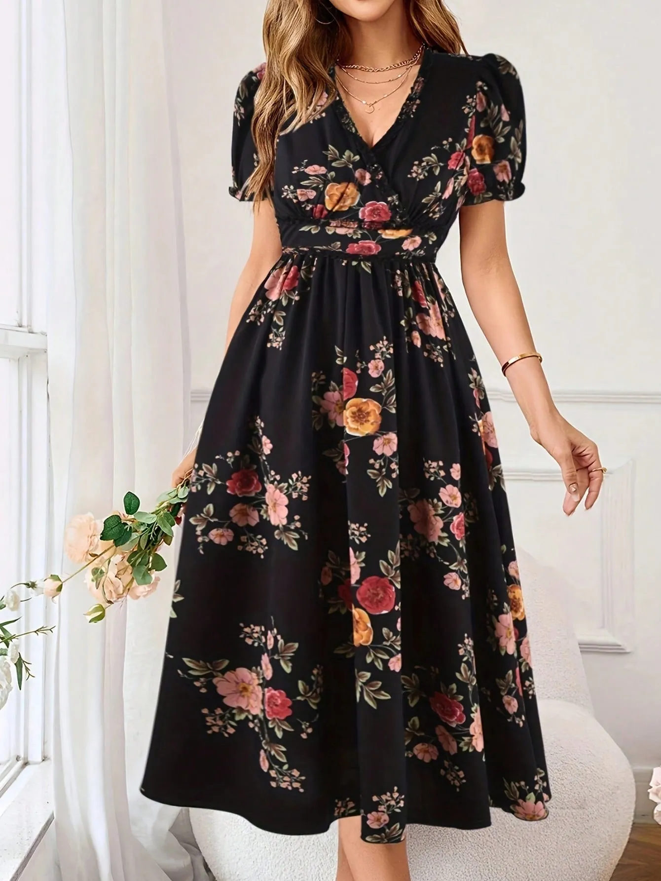 Floral Print Summer Wrap Dress With Criss-Cross Front And Cinched Waist