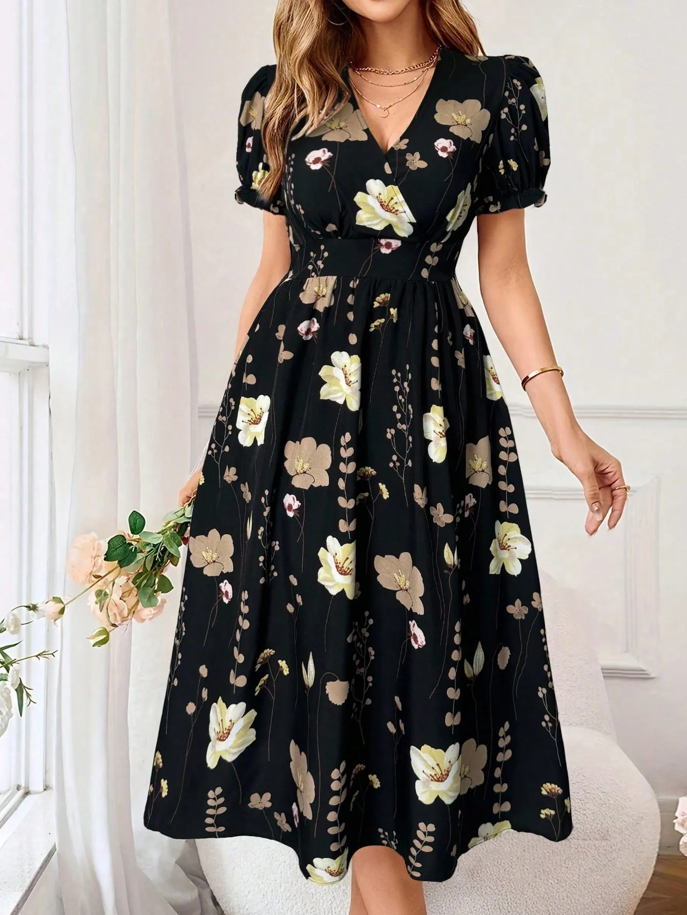 Floral Print Summer Wrap Dress With Criss-Cross Front And Cinched Waist