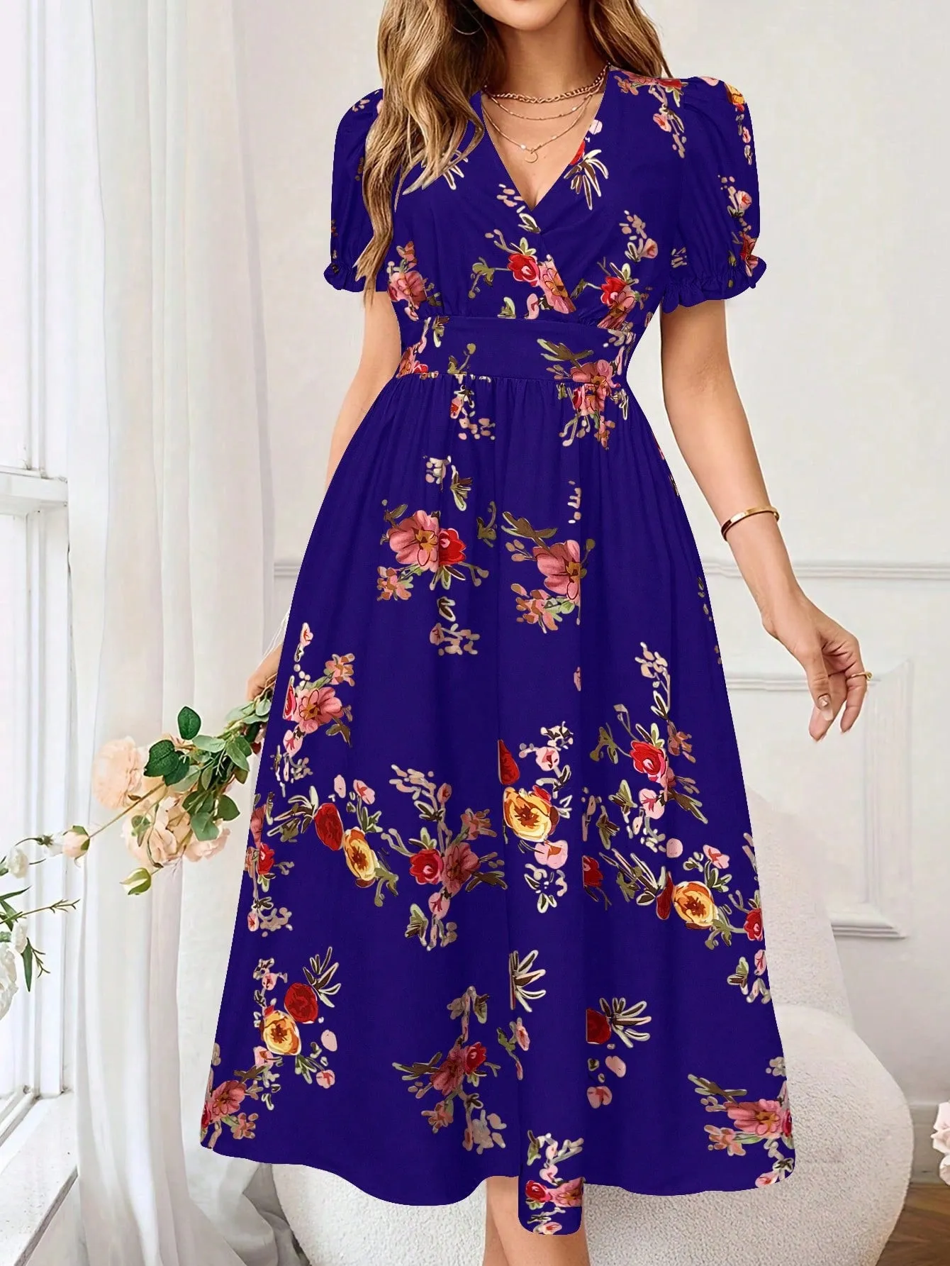 Floral Print Summer Wrap Dress With Criss-Cross Front And Cinched Waist