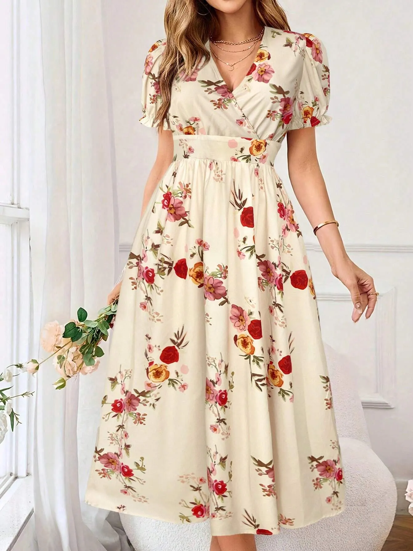 Floral Print Summer Wrap Dress With Criss-Cross Front And Cinched Waist