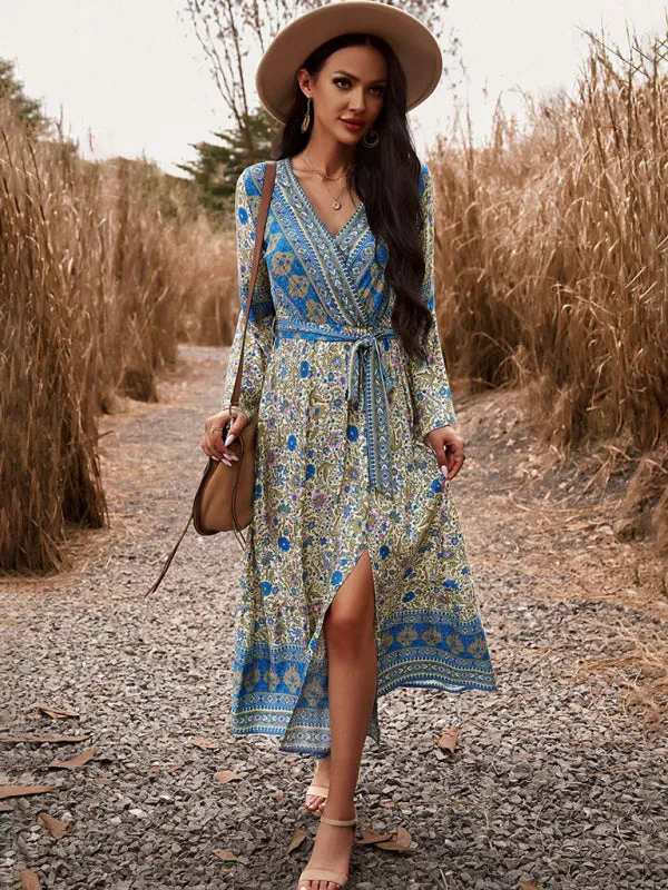 Floral Print Wrap Dress with Bell Sleeves and Slit