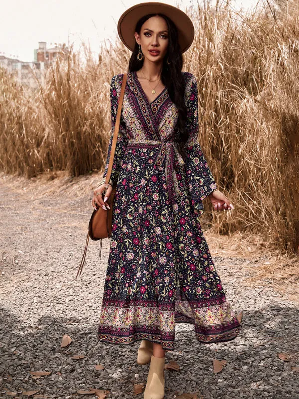 Floral Print Wrap Dress with Bell Sleeves and Slit