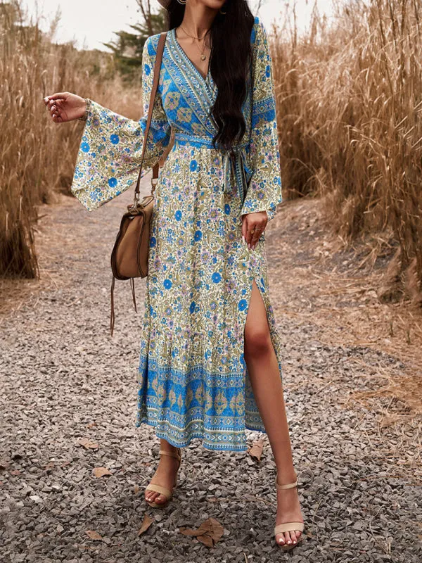 Floral Print Wrap Dress with Bell Sleeves and Slit