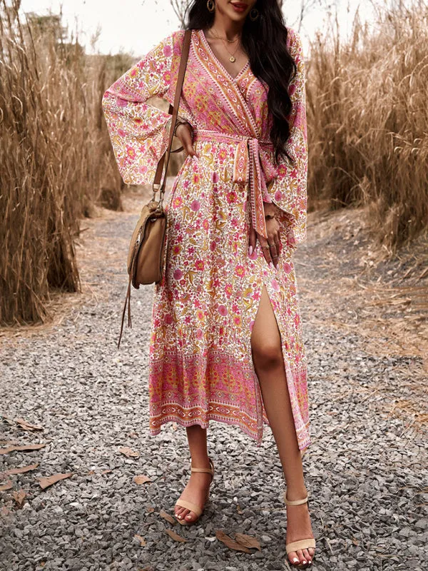 Floral Print Wrap Dress with Bell Sleeves and Slit