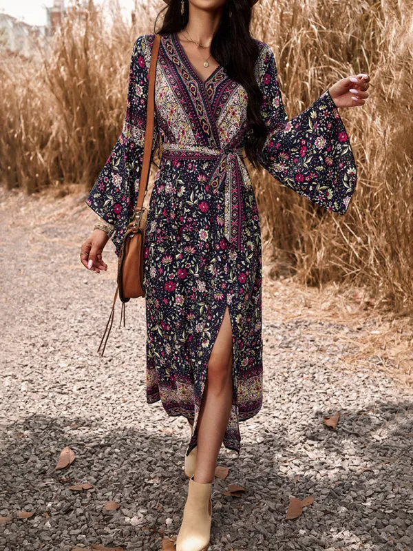 Floral Print Wrap Dress with Bell Sleeves and Slit
