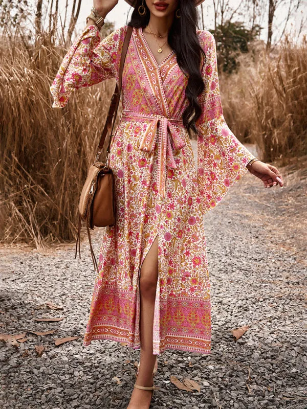 Floral Print Wrap Dress with Bell Sleeves and Slit