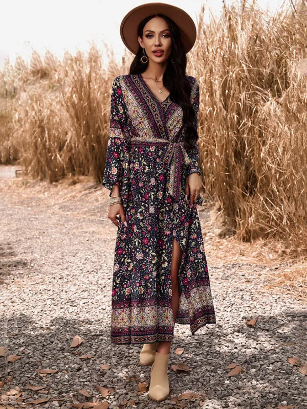 Floral Print Wrap Dress with Bell Sleeves and Slit