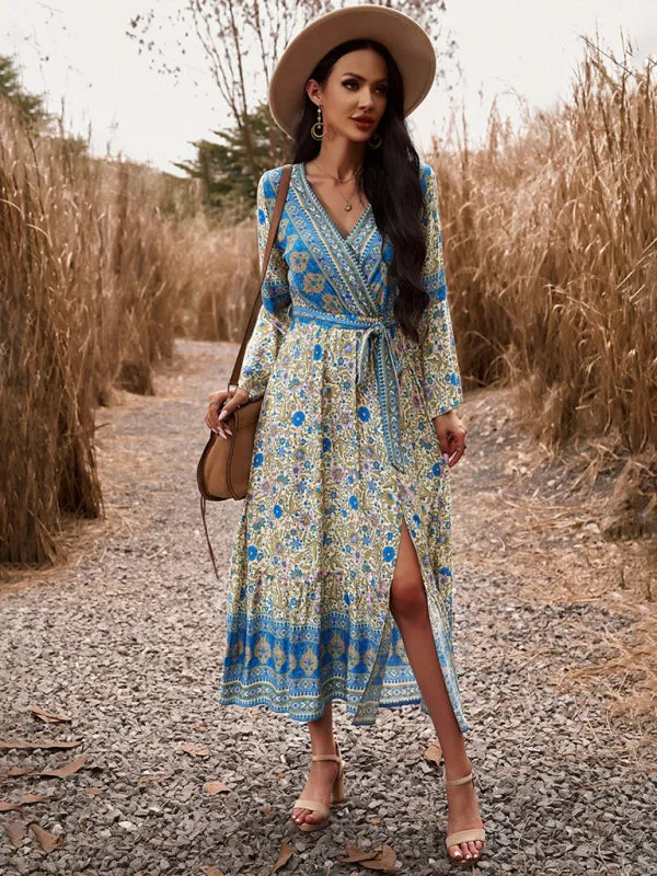 Floral Print Wrap Dress with Bell Sleeves and Slit