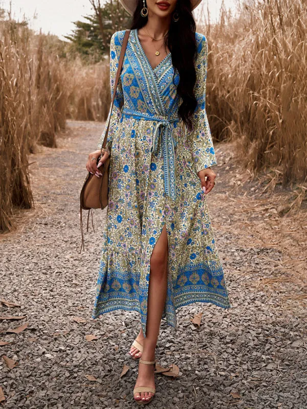 Floral Print Wrap Dress with Bell Sleeves and Slit