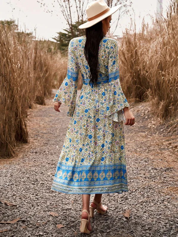 Floral Print Wrap Dress with Bell Sleeves and Slit