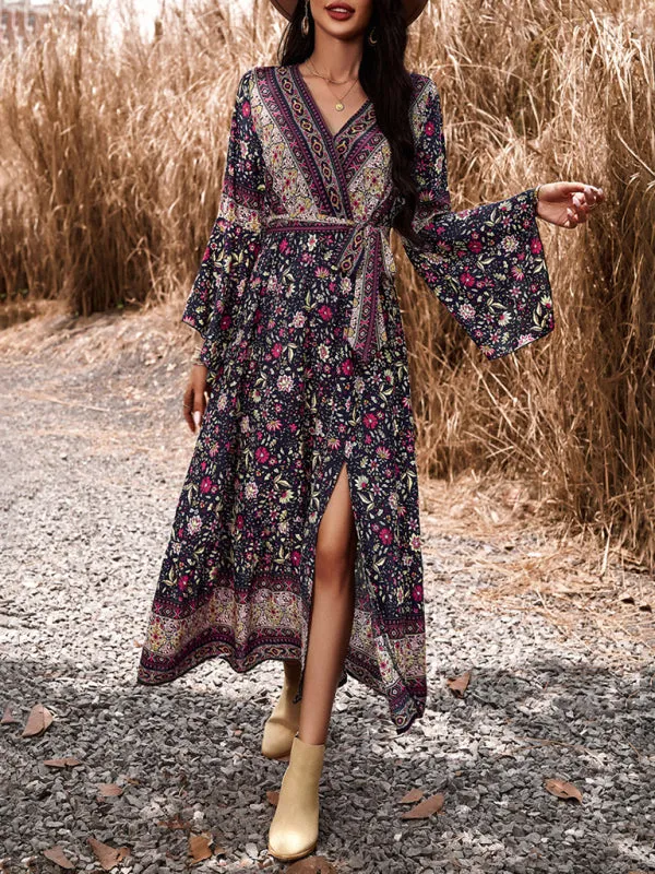 Floral Print Wrap Dress with Bell Sleeves and Slit