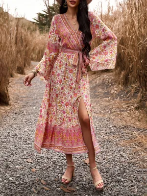 Floral Print Wrap Dress with Bell Sleeves and Slit