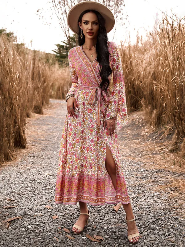 Floral Print Wrap Dress with Bell Sleeves and Slit