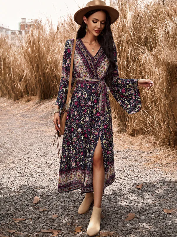 Floral Print Wrap Dress with Bell Sleeves and Slit