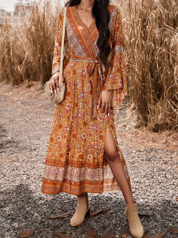 Floral Print Wrap Dress with Bell Sleeves and Slit