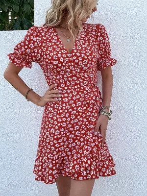 Floral Wrap Mini Dress with Ruffle Sleeves and Tie Waist
