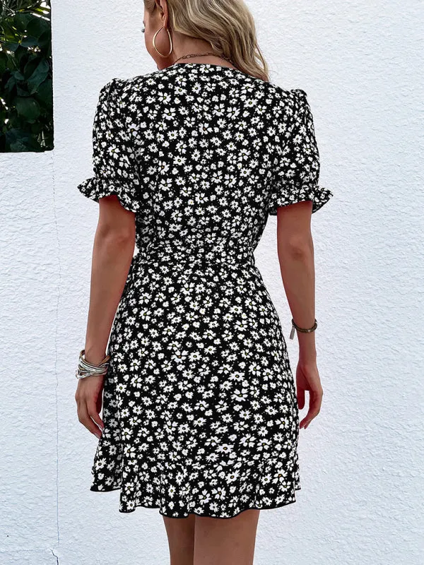 Floral Wrap Mini Dress with Ruffle Sleeves and Tie Waist