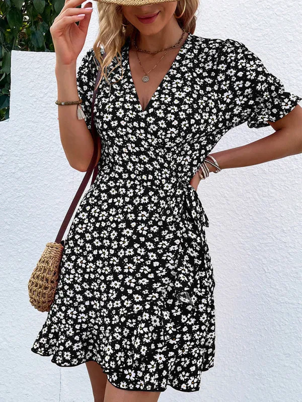 Floral Wrap Mini Dress with Ruffle Sleeves and Tie Waist