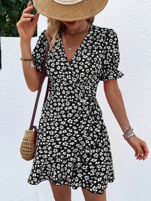 Floral Wrap Mini Dress with Ruffle Sleeves and Tie Waist