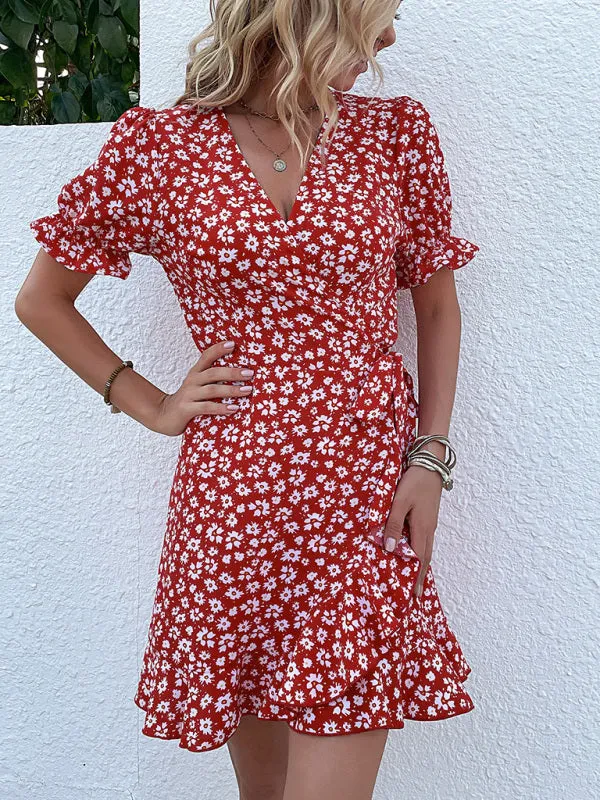 Floral Wrap Mini Dress with Ruffle Sleeves and Tie Waist