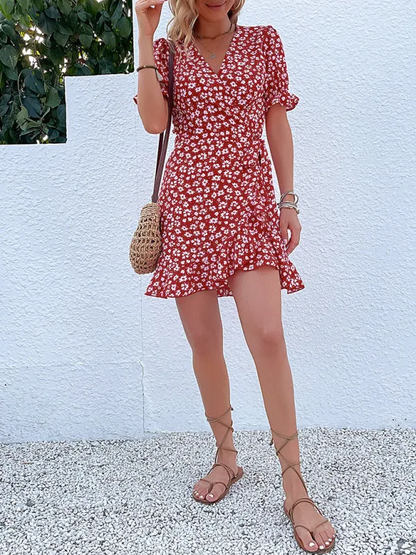Floral Wrap Mini Dress with Ruffle Sleeves and Tie Waist