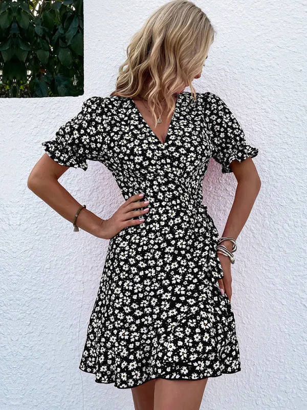 Floral Wrap Mini Dress with Ruffle Sleeves and Tie Waist
