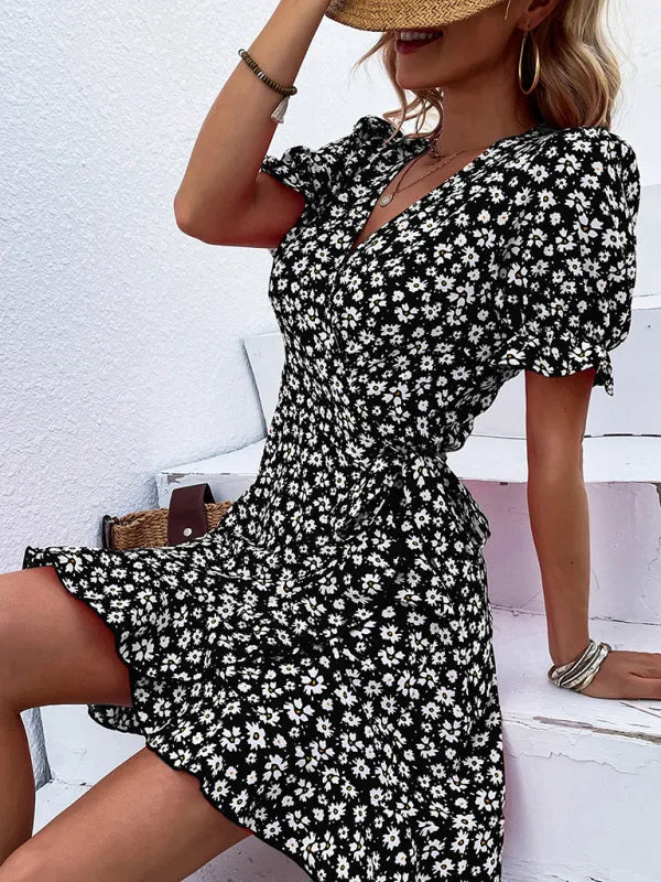 Floral Wrap Mini Dress with Ruffle Sleeves and Tie Waist