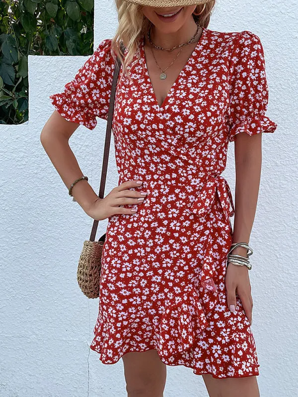 Floral Wrap Mini Dress with Ruffle Sleeves and Tie Waist