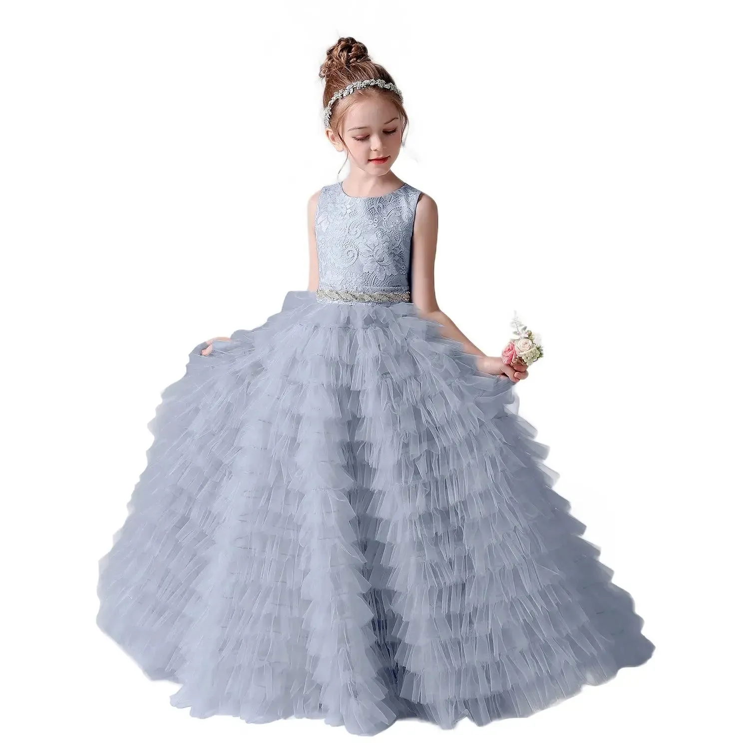 Flower Girl Dresses Tulle Appliques Tiered Long Skirt Sleeveless For Wedding Birthday Party Banquet Princess Gowns