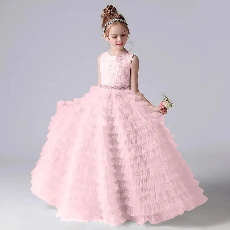Flower Girl Dresses Tulle Appliques Tiered Long Skirt Sleeveless For Wedding Birthday Party Banquet Princess Gowns