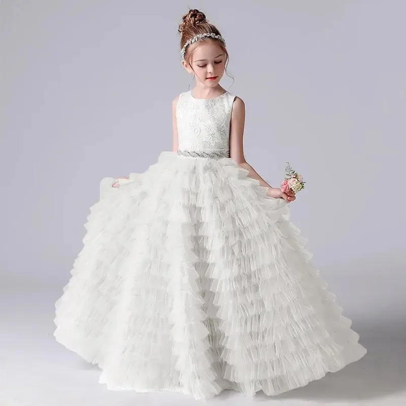 Flower Girl Dresses Tulle Appliques Tiered Long Skirt Sleeveless For Wedding Birthday Party Banquet Princess Gowns