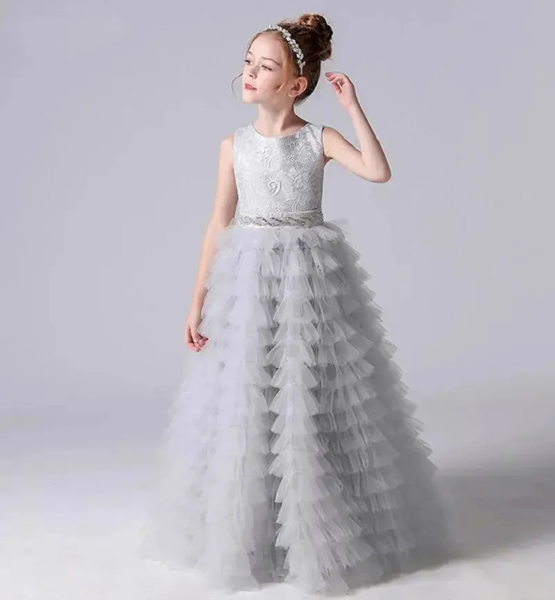 Flower Girl Dresses Tulle Appliques Tiered Long Skirt Sleeveless For Wedding Birthday Party Banquet Princess Gowns