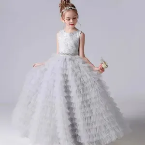 Flower Girl Dresses Tulle Appliques Tiered Long Skirt Sleeveless For Wedding Birthday Party Banquet Princess Gowns
