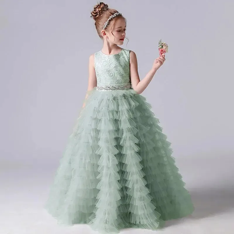 Flower Girl Dresses Tulle Appliques Tiered Long Skirt Sleeveless For Wedding Birthday Party Banquet Princess Gowns