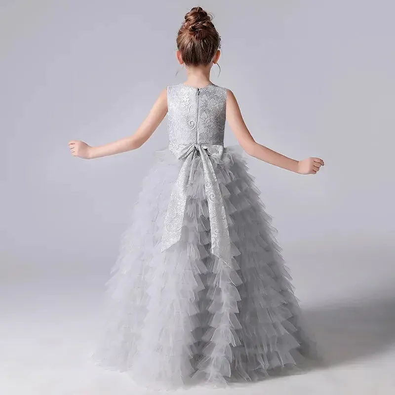 Flower Girl Dresses Tulle Appliques Tiered Long Skirt Sleeveless For Wedding Birthday Party Banquet Princess Gowns