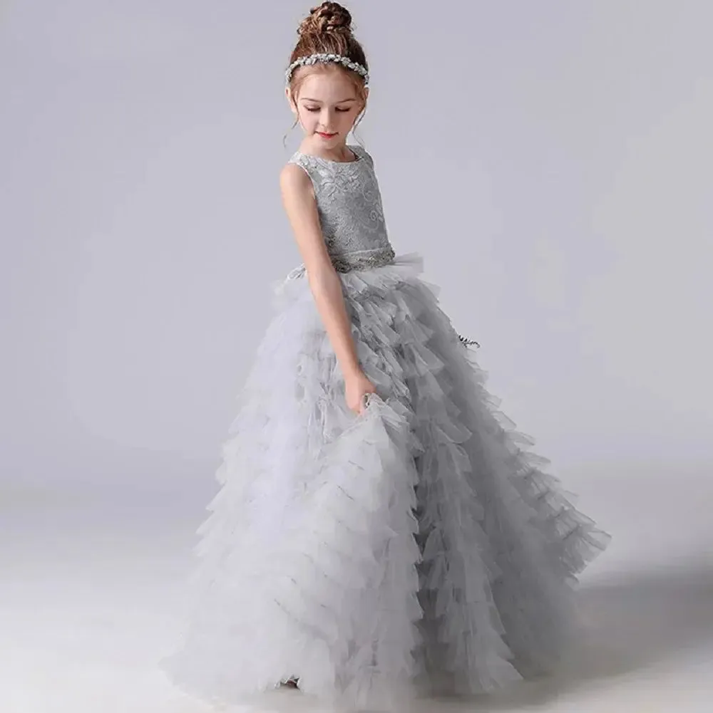 Flower Girl Dresses Tulle Appliques Tiered Long Skirt Sleeveless For Wedding Birthday Party Banquet Princess Gowns