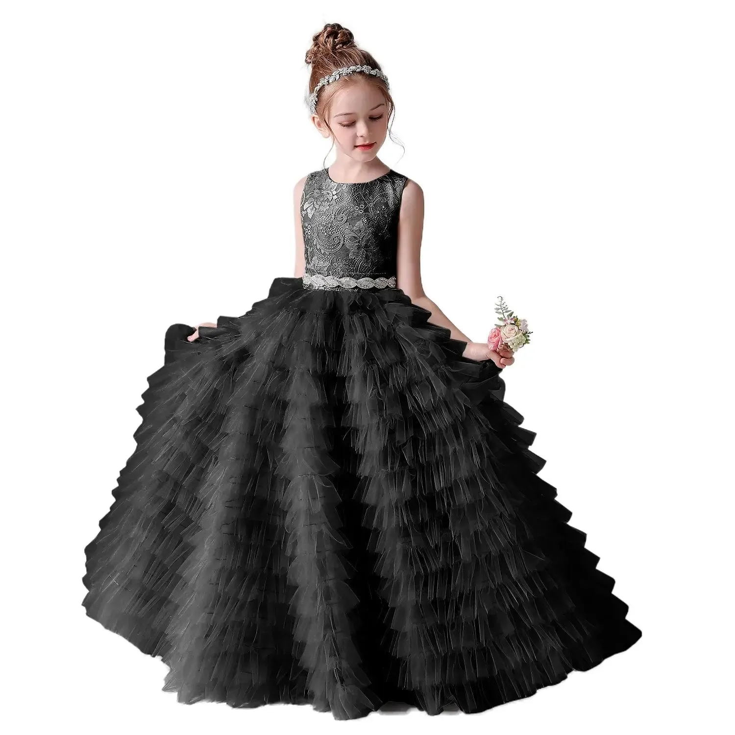 Flower Girl Dresses Tulle Appliques Tiered Long Skirt Sleeveless For Wedding Birthday Party Banquet Princess Gowns