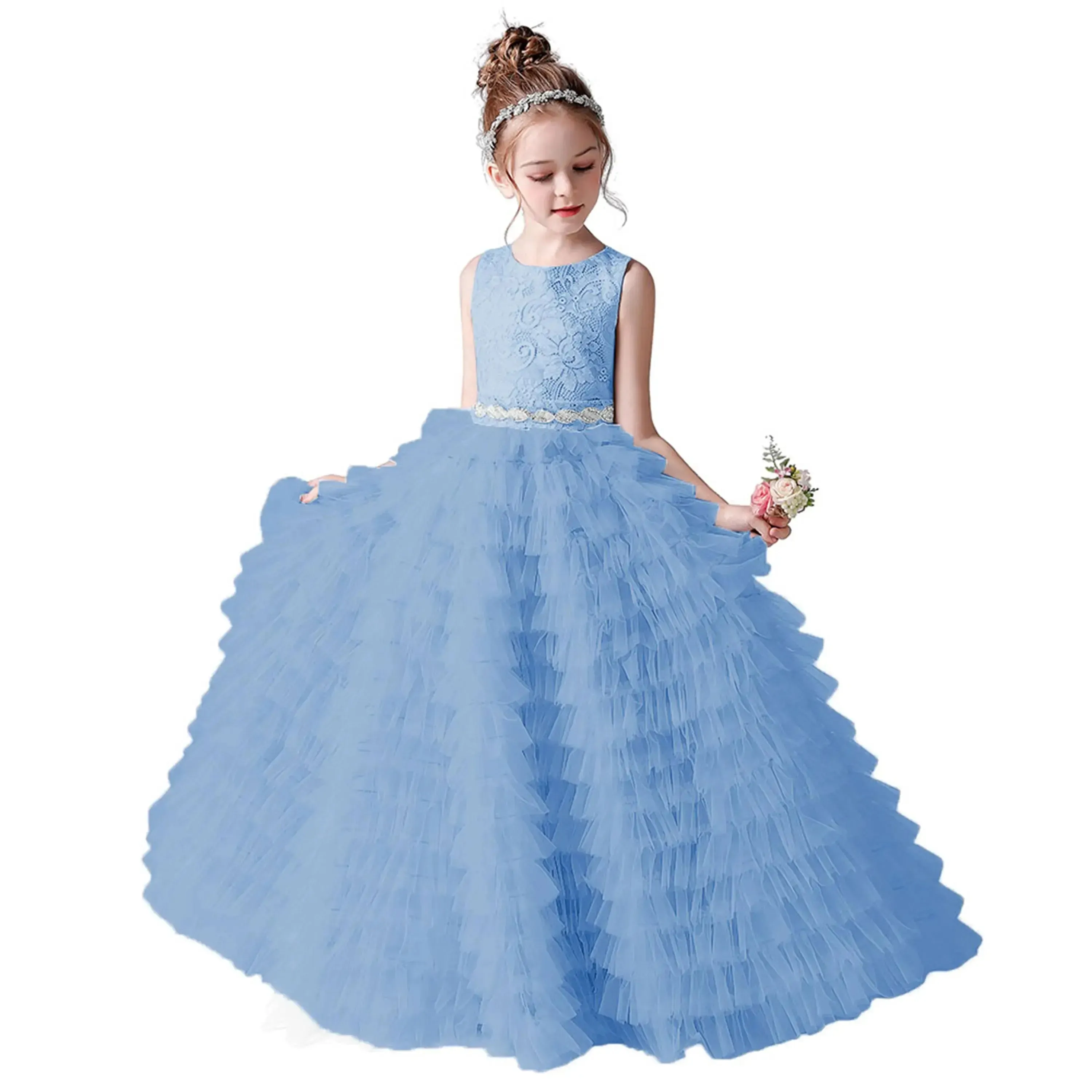 Flower Girl Dresses Tulle Appliques Tiered Long Skirt Sleeveless For Wedding Birthday Party Banquet Princess Gowns