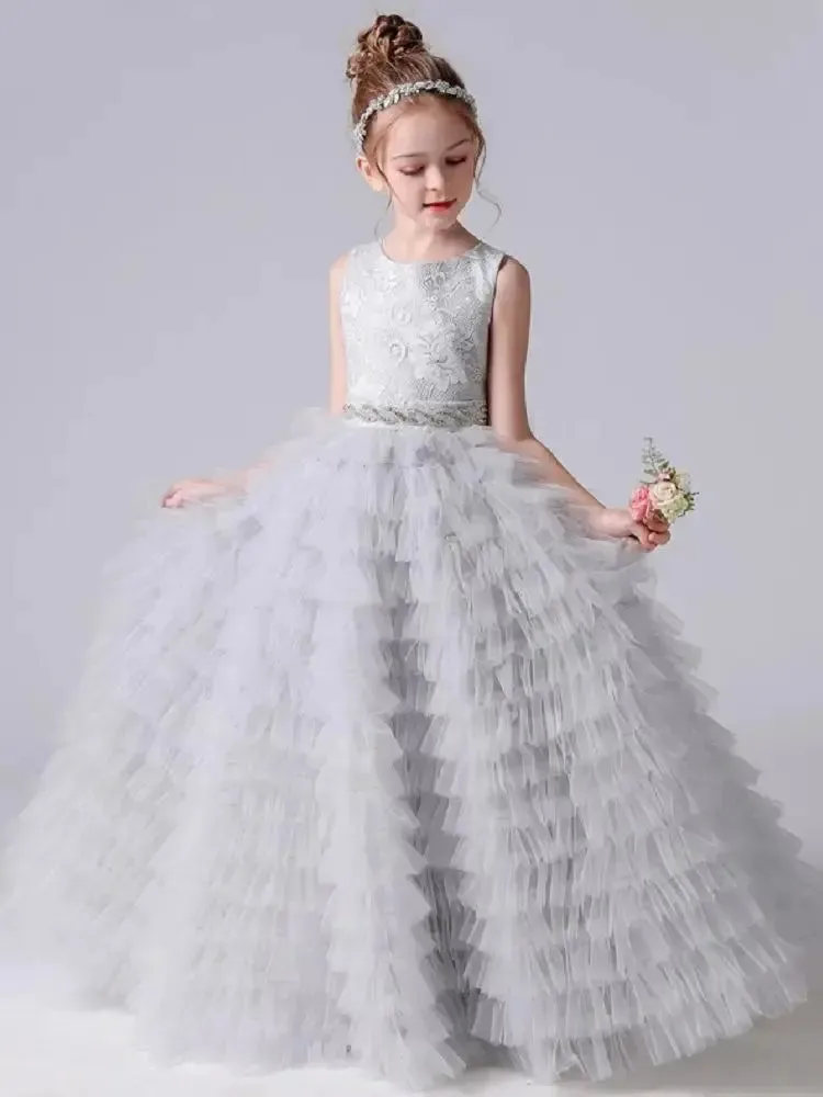 Flower Girl Dresses Tulle Appliques Tiered Long Skirt Sleeveless For Wedding Birthday Party Banquet Princess Gowns