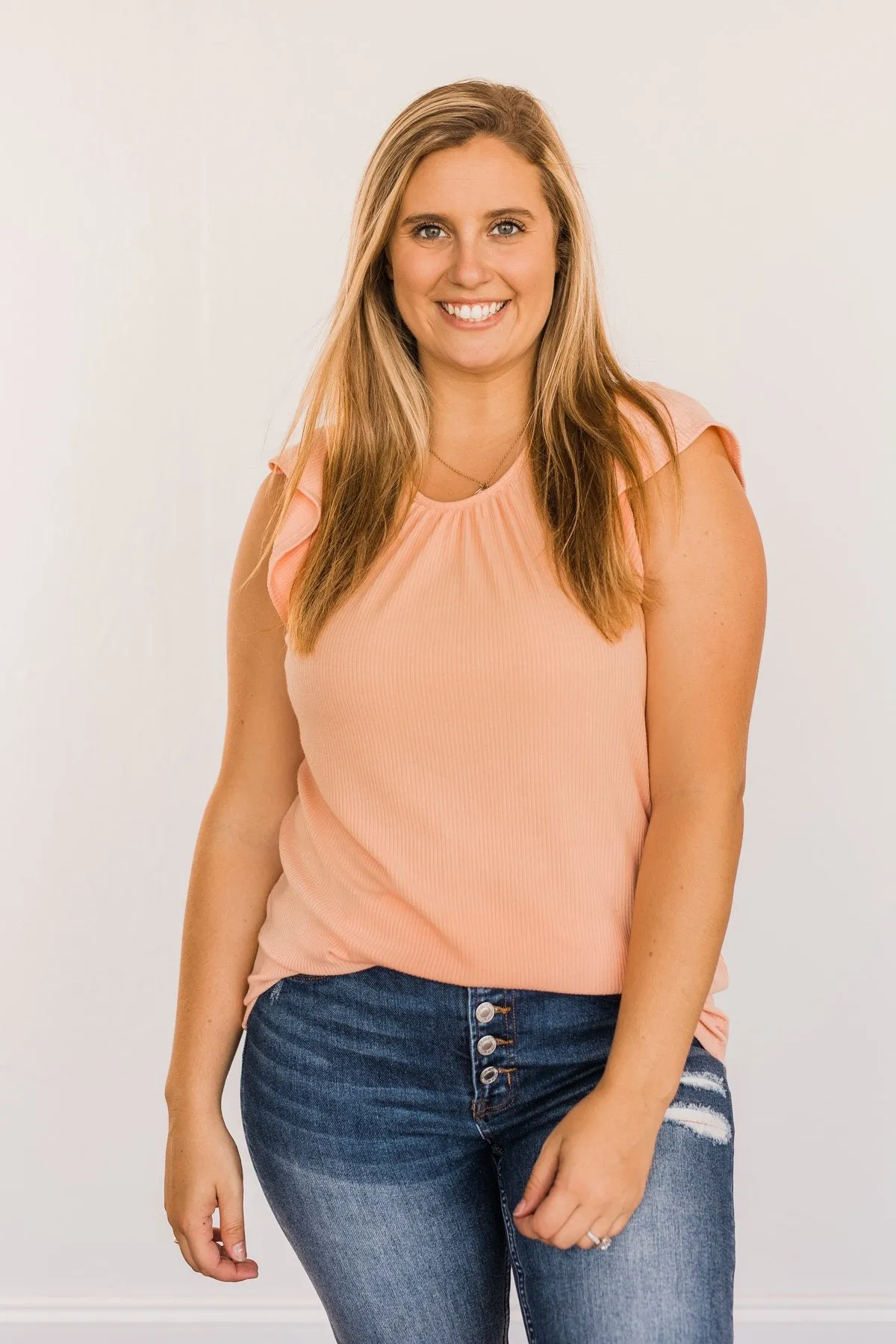 Friendly Faces Ribbed Knit Top- Peach