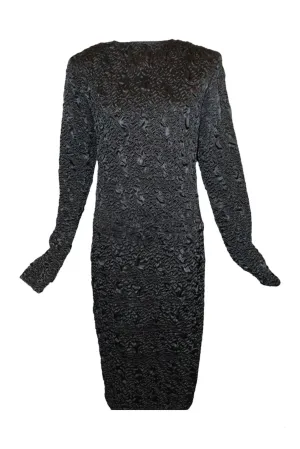 Gianni Versace 80s Black Satin Matelassé Textured Cocktail Sheath Dress