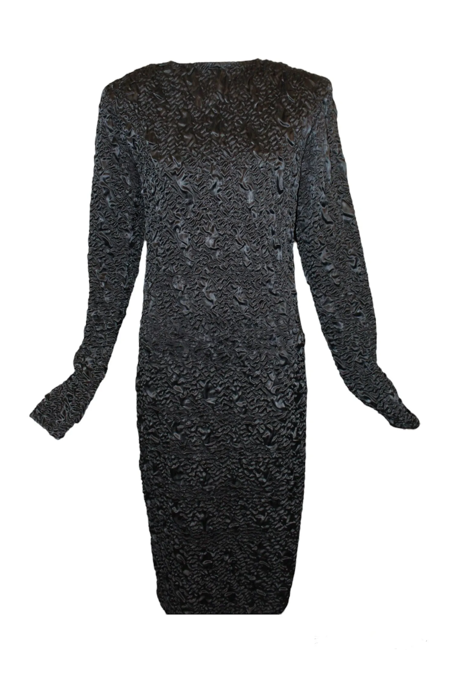 Gianni Versace 80s Black Satin Matelassé Textured Cocktail Sheath Dress
