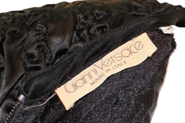 Gianni Versace 80s Black Satin Matelassé Textured Cocktail Sheath Dress