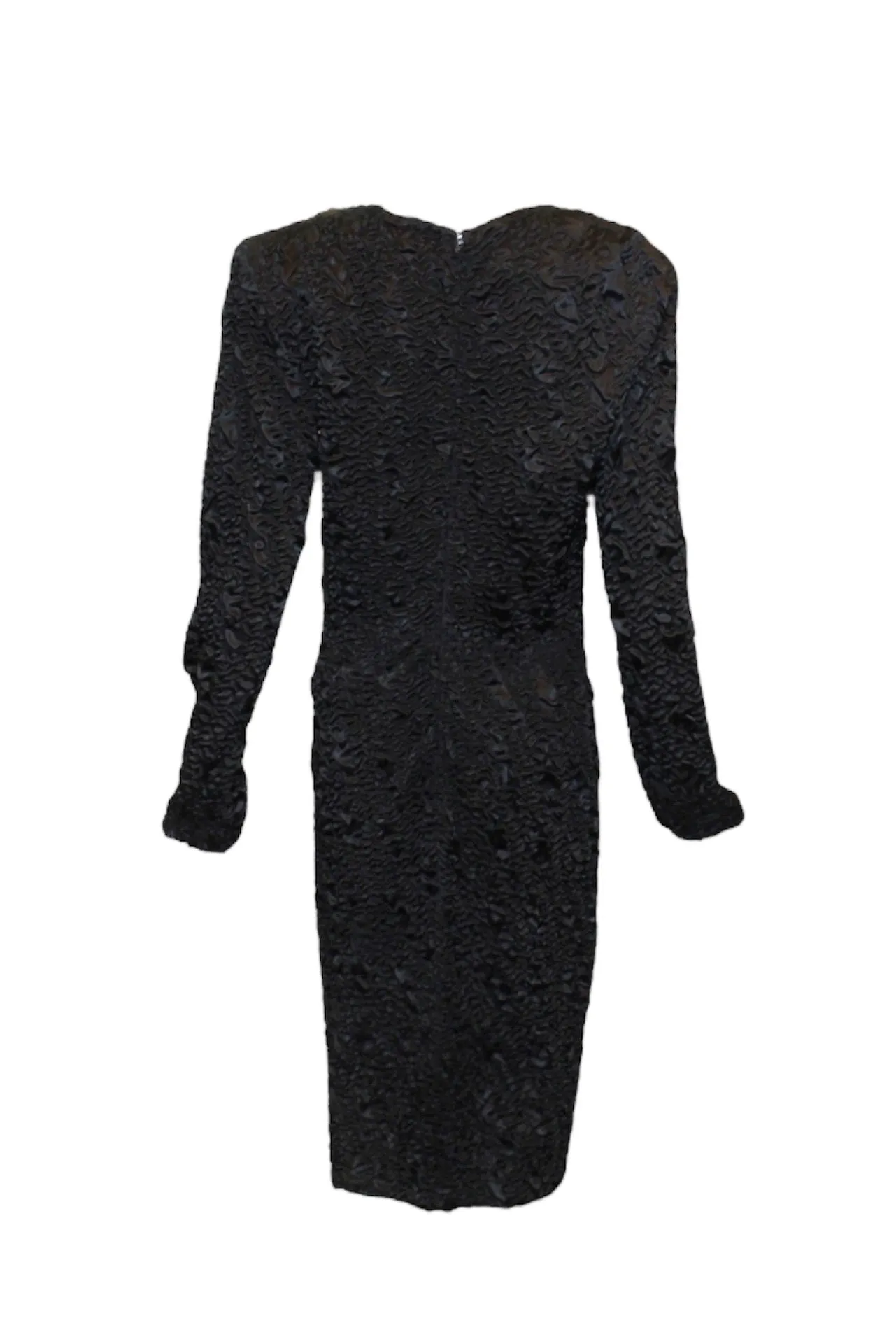 Gianni Versace 80s Black Satin Matelassé Textured Cocktail Sheath Dress