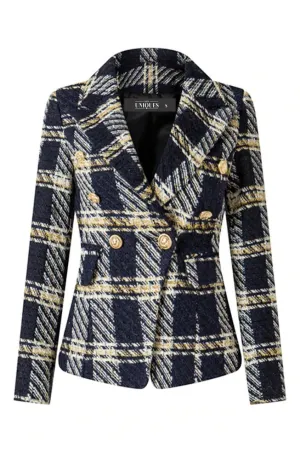 Gold Navy Plaid Tweed Blazer