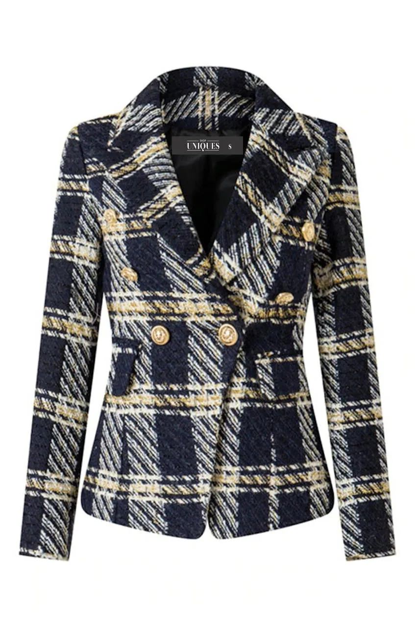 Gold Navy Plaid Tweed Blazer